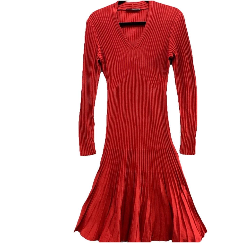 Peruvian Connection Red Ribbed‎ Knit Midi Dress Long Sleeve Bodycon Medium
